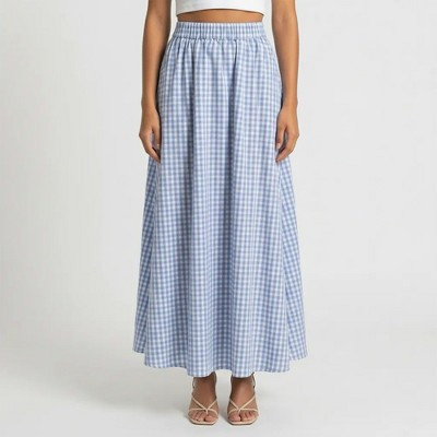 Anna-Kaci Women's Gingham Pattern Maxi Skirt with Full Gathered Silhouette and Soft Flowing Fabric - Medium, Blue | Target