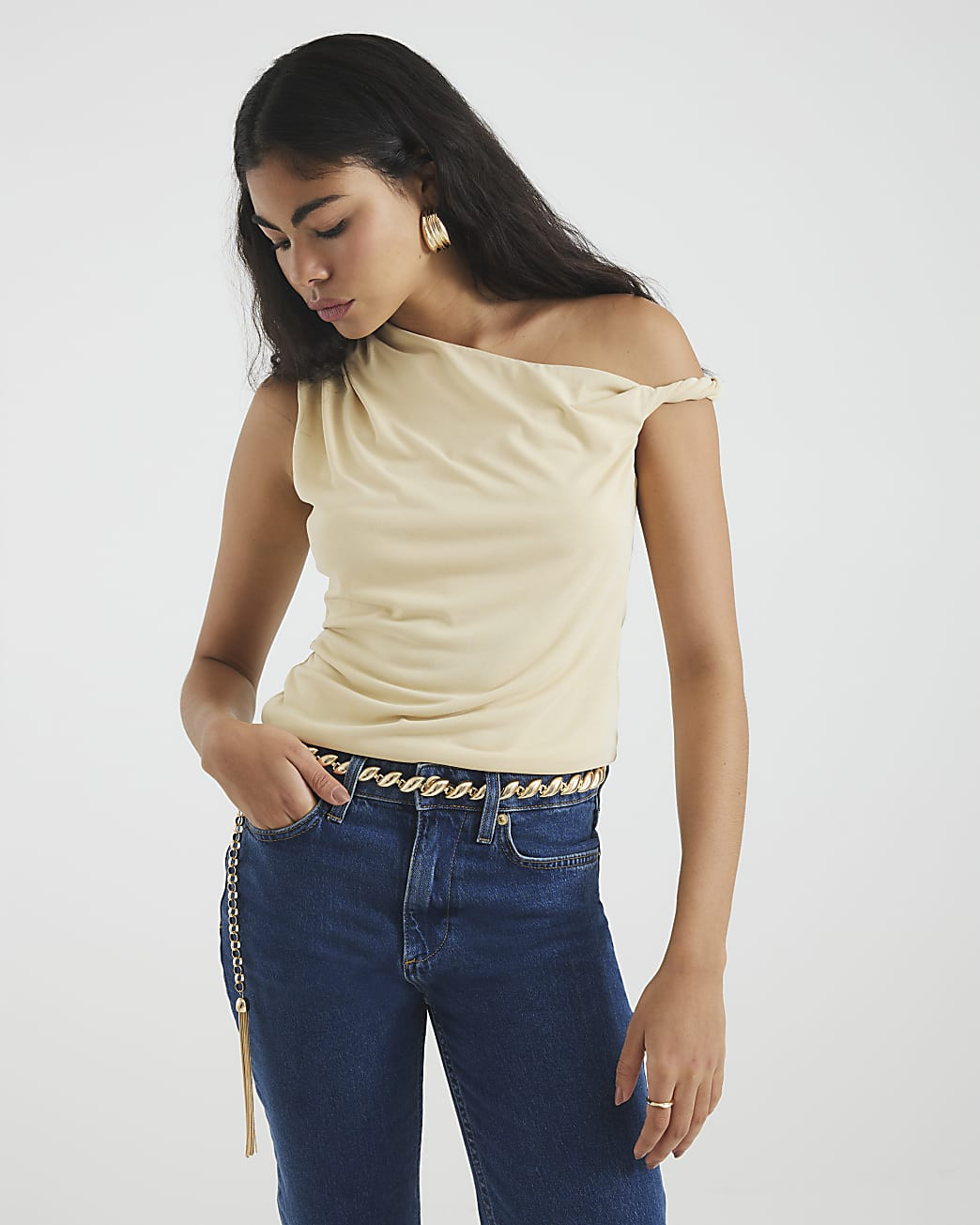 Beige Sleeveless Drape Twist Top | River Island UK & IE