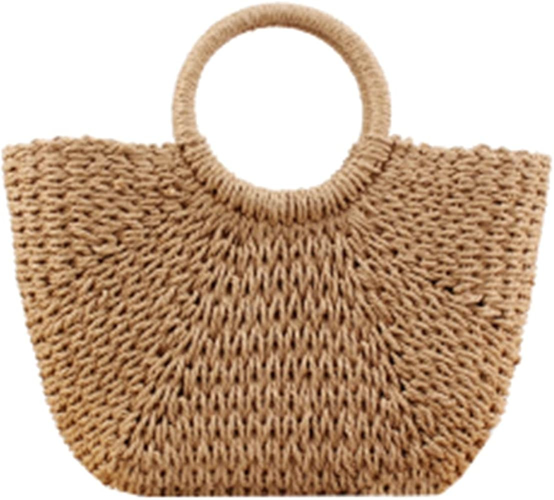 Large Tote Bag Handwoven Women Straw Top Handle Handbag Beach Stripes Bag Round Handle | Amazon (US)