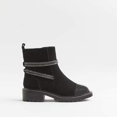 Black wide fit heatseal diamante boots | River Island (UK & IE)