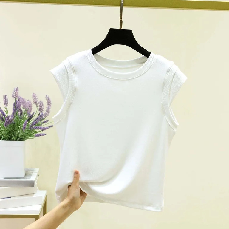 Xdegoge Tank Top for Women Crewneck Sleeveless Casual Ribbed Knit Muscle Tee Double Layered Shoul... | Walmart (US)