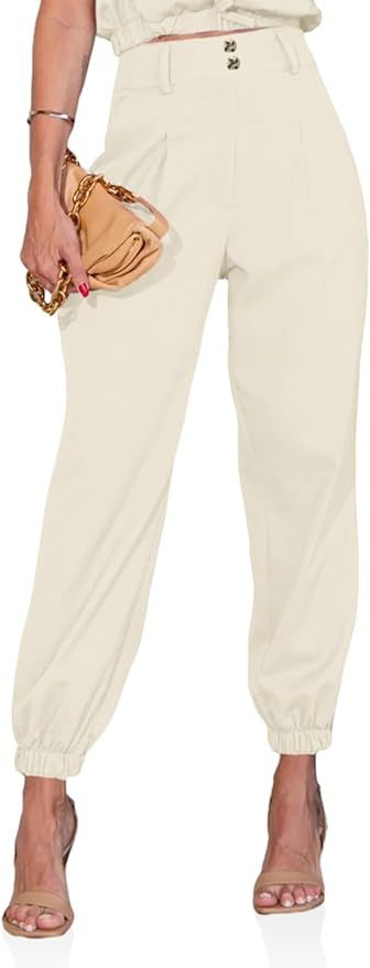 Cicy Bell Womens Casual Jogger Pants High Waisted Cropped Pleated Work Office Trousers with Pocke... | Amazon (US)