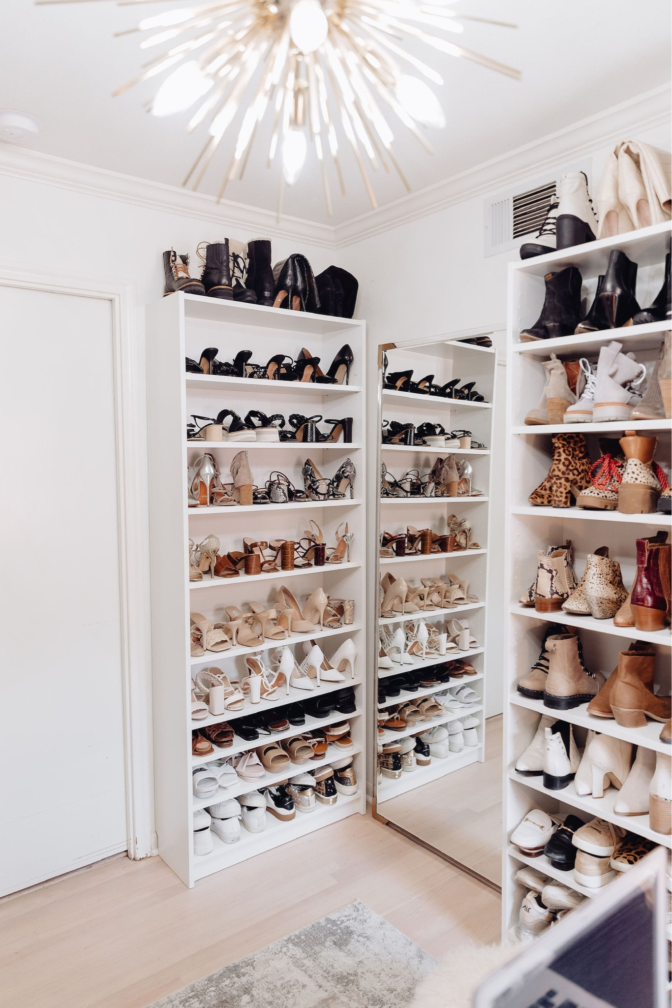 Closet storage // closet organization, shoe organization, full length mirror, closet design, walk in closet, closet storage, color coordination, bedroom storage, shelving, open shelving, open storage 

#LTKhome