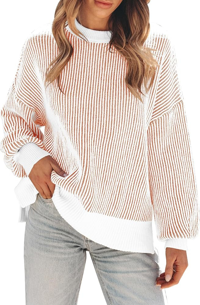 Womens Sweaters Fall 2024 Clothes Oversized Long Sleeve Colorblock Striped Knit Pullover Tops Cas... | Amazon (US)