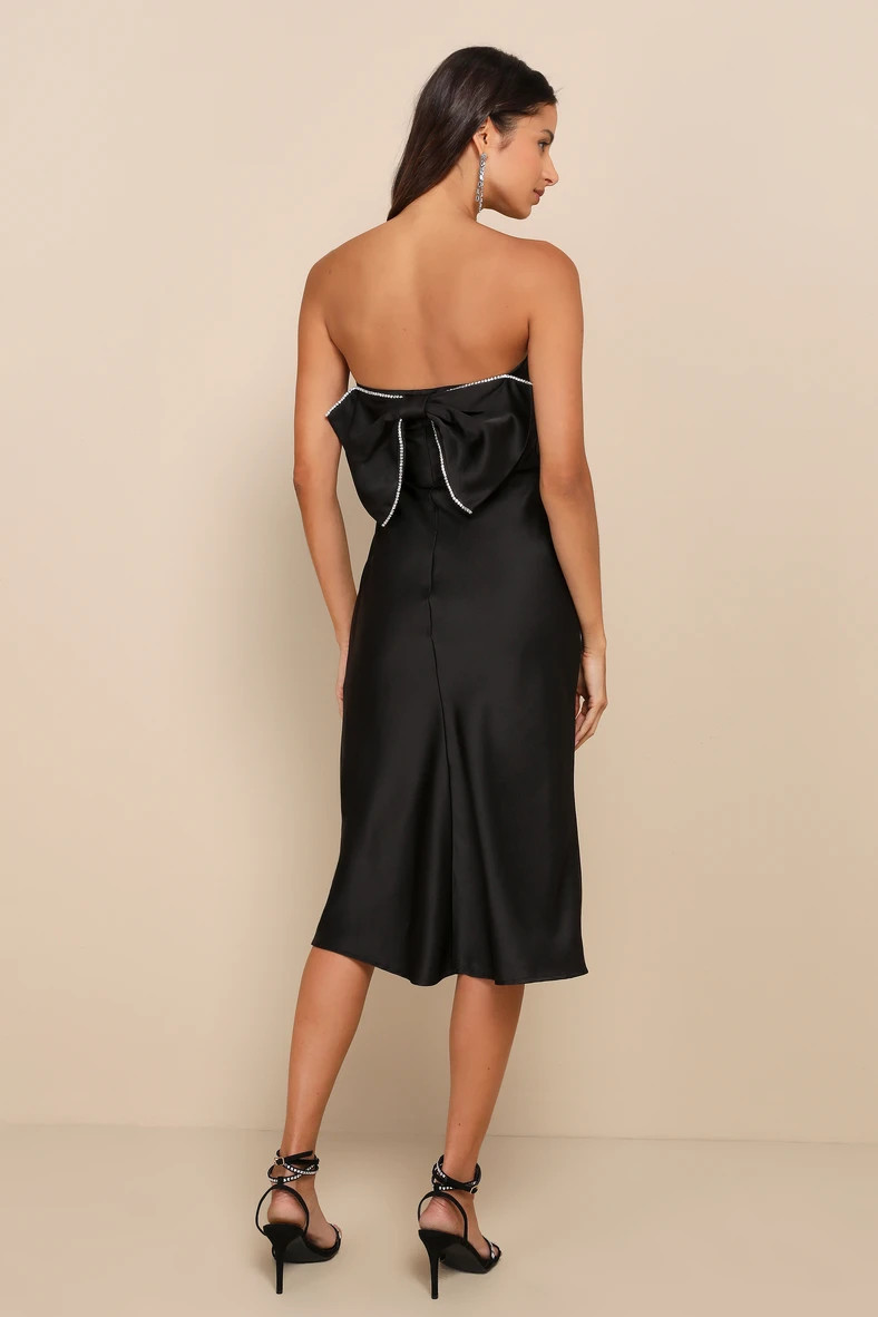 Luxe Crush Black Satin Rhinestone Bow Strapless Midi Dress | Lulus