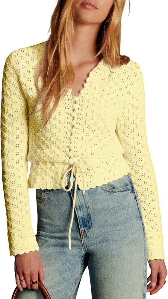 Bianstore Womens Casual Long Sleeve Crewneck Crochet Cardigan Lightweight Hollow Out Tie Front Kn... | Amazon (US)