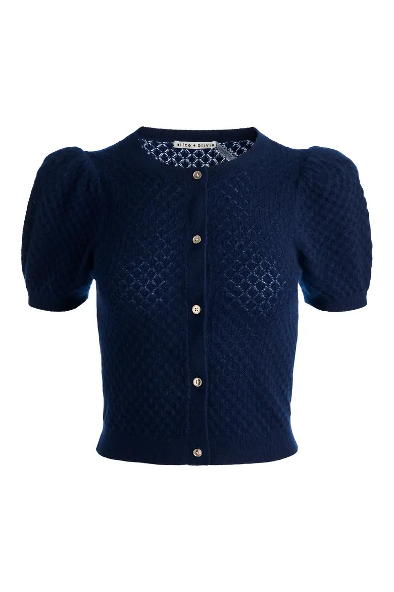 ALICE + OLIVIA Sabine Pointelle Puff Sleeve Cardigan in Midnight Blue at Nordstrom, Size Large | Nordstrom