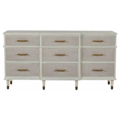 Gabby Leona French Parchment White Mahogany Linen Front Tapered Legs 9 Drawer Dresser | Kathy Kuo Home