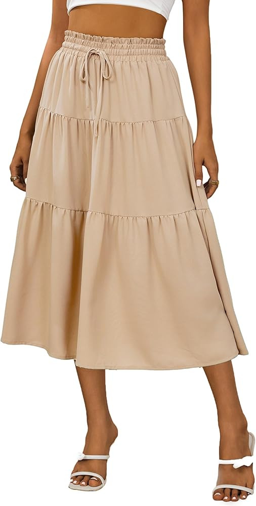 Anbech Women's Casual Midi Skirt Elastic High Waisted Summer Beach Skirts Trendy Pleated A-Line D... | Amazon (US)