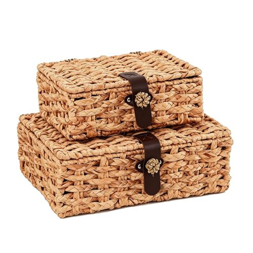 Divtada Set of 2 Wicker Storage Basket with Lid, Natural Seagrass Rectangular Woven Baskets, Decorative Storage Boxes with Lids for Shelf Decor & Home Organization, Cute Bins for Desktop Storage | Amazon (US)