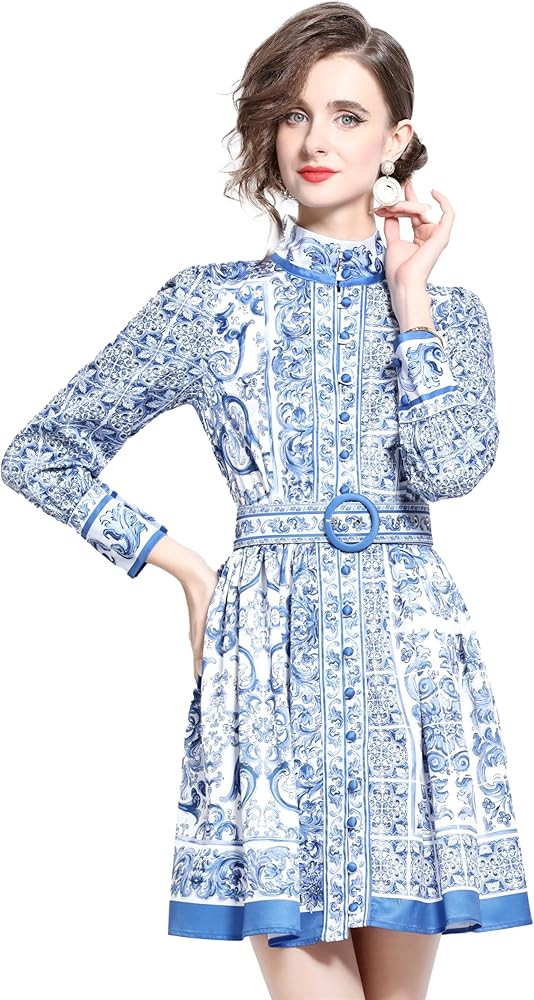 LAI MENG FIVE CATS Women's Button up Floral Print Long Sleeve Casual A-line Mini Shirt Dress with... | Amazon (US)