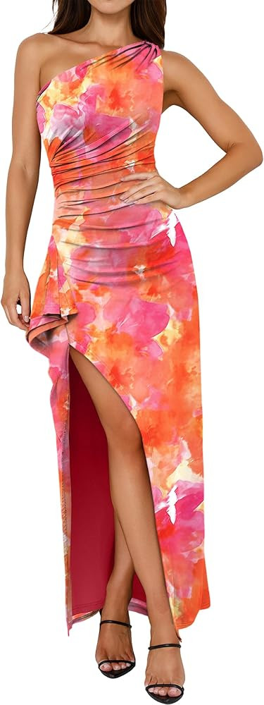 Prinbara Womens One Shoulder Floral Bodycon Maxi Dress 2026 Summer High Split Cocktail Formal Wed... | Amazon (US)