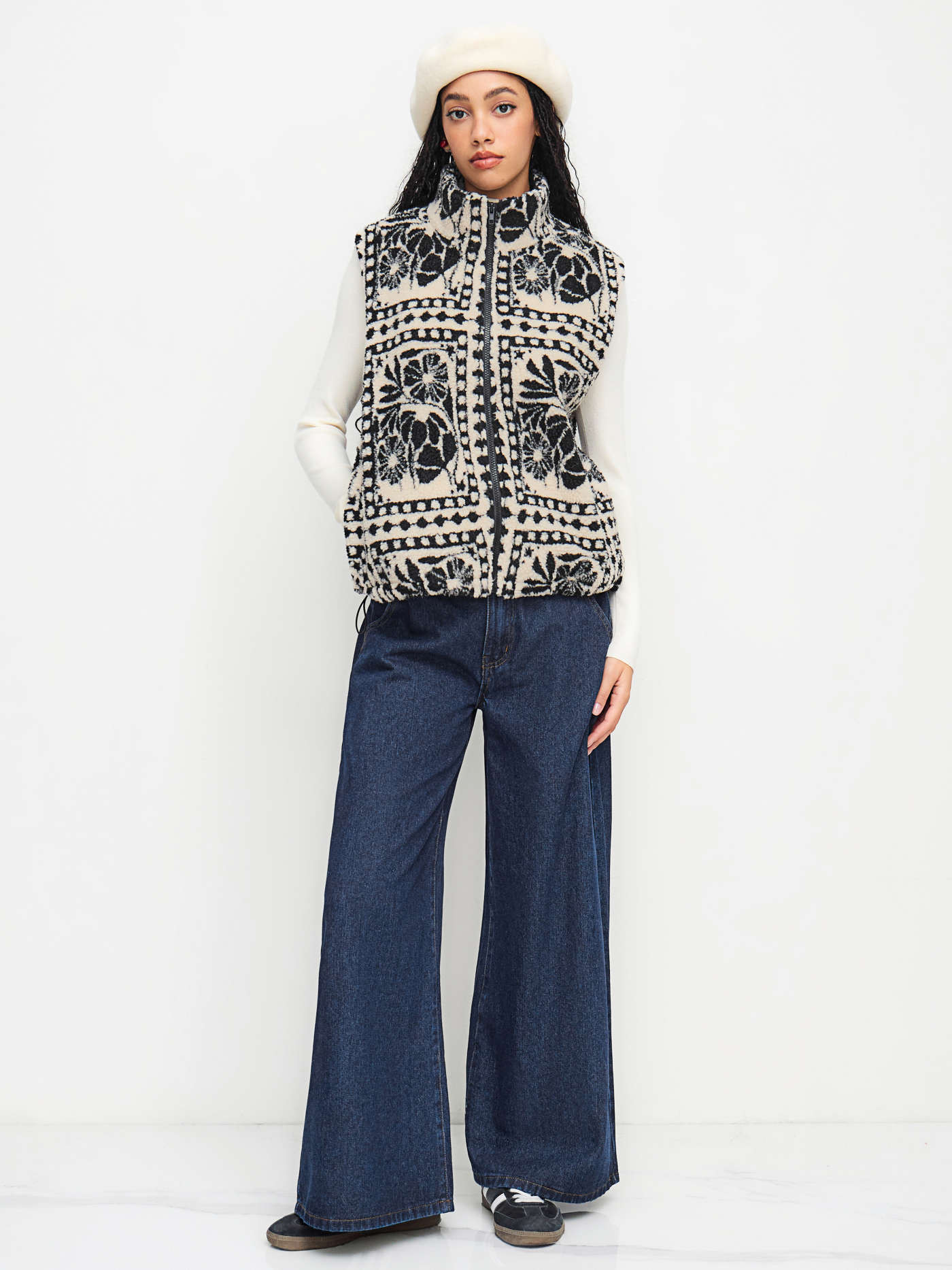 Fleece Fleece Funnel Neck Floral Oversized Jacket Vest For Daily Casual | Cider