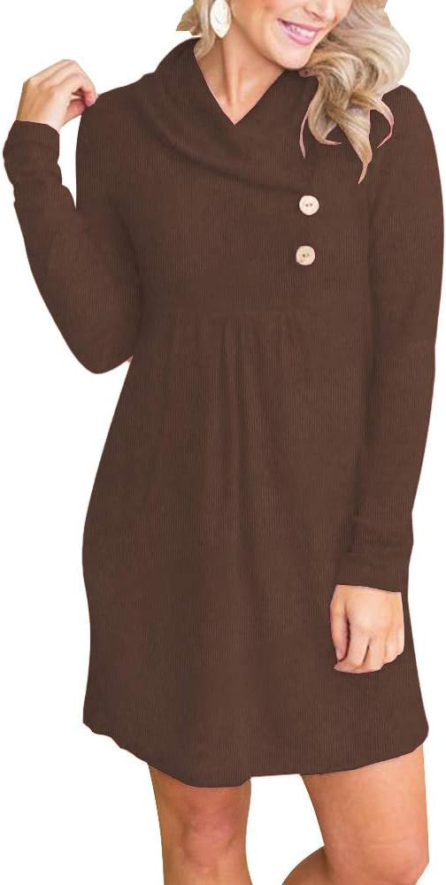 ETCYY NEW FANEW Womens Cowl V- Neck Buttoned Knit Loose Fit Sweater Dress with Pocket | Amazon (US)