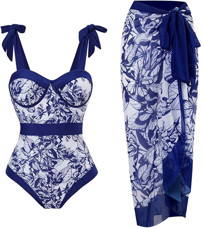 Women Swimsuit with Cover Up Sporlike High Waist Two Pieces Push Up Tropical Tummy Control Monoki... | Amazon (US)