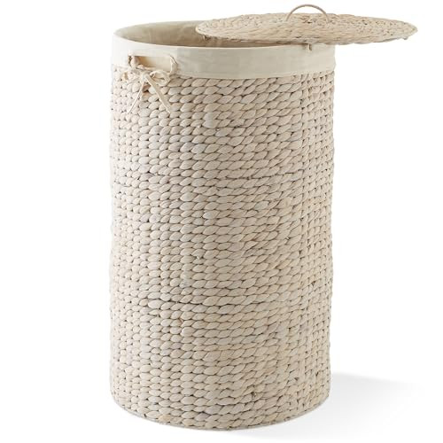Casafield Round Laundry Hamper with Lid and Removable Liner Bag - Whitewash, Woven Water Hyacinth Wicker Laundry Basket for Clothes and Towels | Amazon (US)