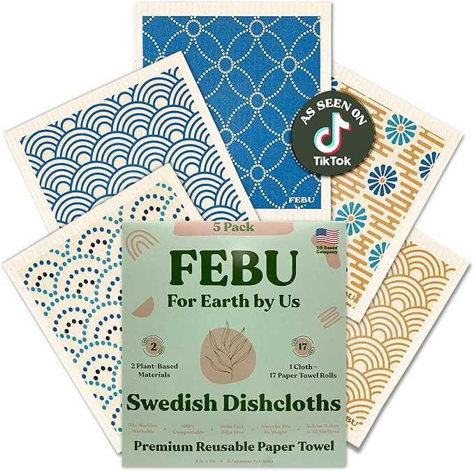 FEBU Swedish Dishcloths for Kitchen | 5 Pack Japanese Reusable Paper Towels Washable | Swedish Di... | Amazon (US)