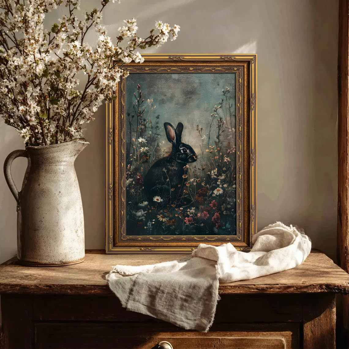 Vintage Gold Framed Bunny Wall Art Dark Moody Botanical Cottagecore Rabbit Painting Canvas Prints... | Amazon (US)