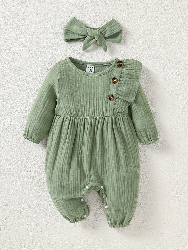 Newborn Baby Ruffle Trim Textured Jumpsuit With Accessory Headband
       
              
       ... | SHEIN