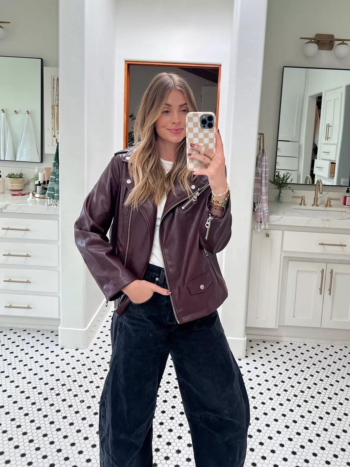 Leather Pants Outfit Idea: Burgundy Belted Leather Blazer +