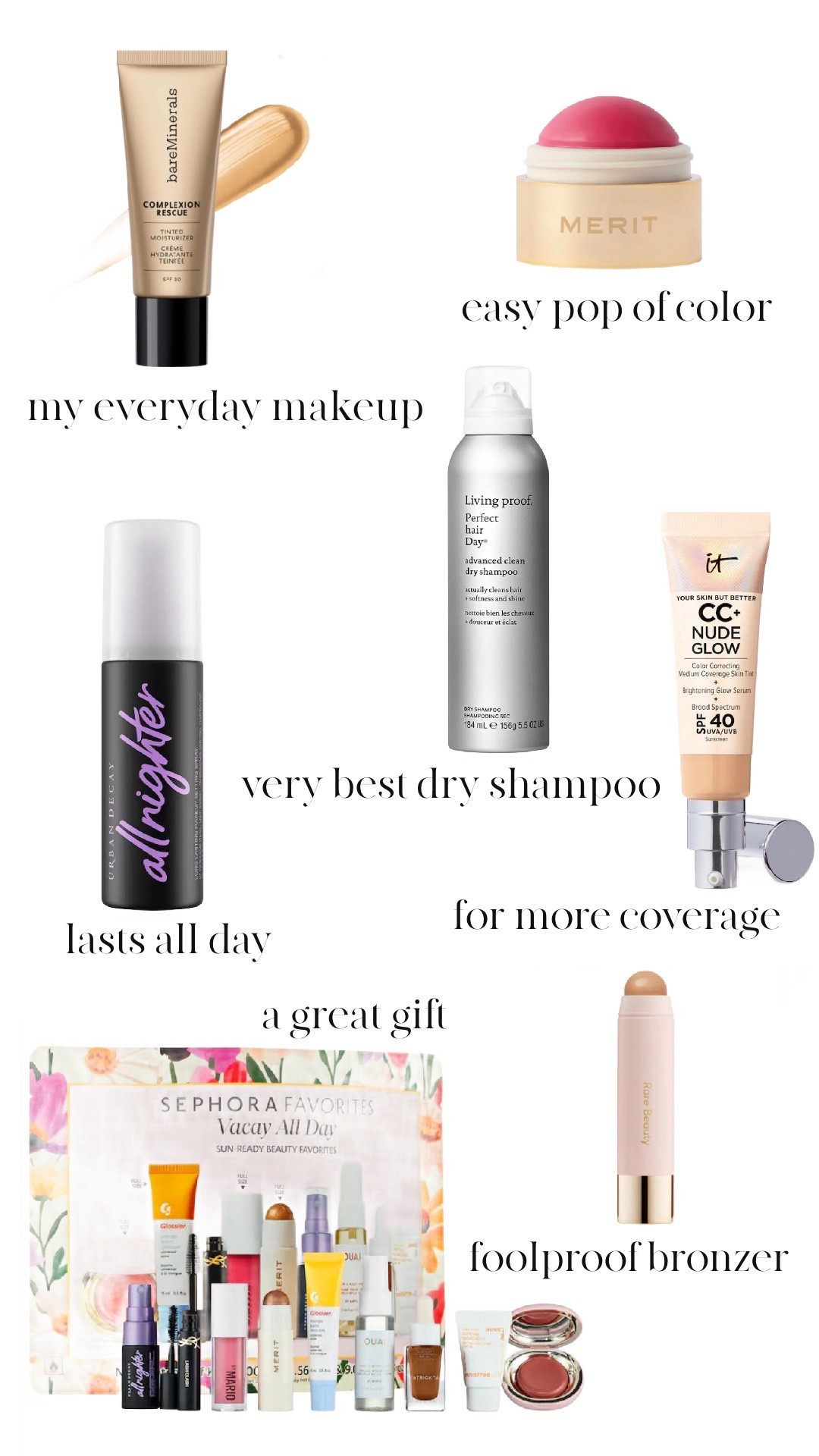 My Sephora Sale order.

With the exception of the set, these are longtime favorites. Most days, I wear the Bare Minerals tinted moisturizer (shade 5.5 or 6, depending on the time of year). For more coverage, I like the CC cream
(in light medium or medium). The Merit blush is easy to apply and gives a perfect pop of color. I always set my makeup with the All Nighter spray, and it lasts all day without being too drying. The bronzer stick is easy to apply and blend, and after trying so many dry shampoos, this one has been consistently amazing. I grabbed the set because it contains some other favorites and things I’d like to try.

Use code SAVEMORE for the discount!

#LTKSaleAlert #LTKBeauty #LTKFindsUnder50