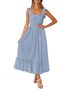 ZESICA Women's 2025 Summer Boho Spaghetti Strap Square Neck Solid Color Ruffle A Line Beach Long ... | Amazon (US)