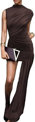Kwunbwa Women's Sleeveless Ruched Maxi Dress Sexy Irregular Bodycon Casual Elegant Club Party Coc... | Amazon (US)