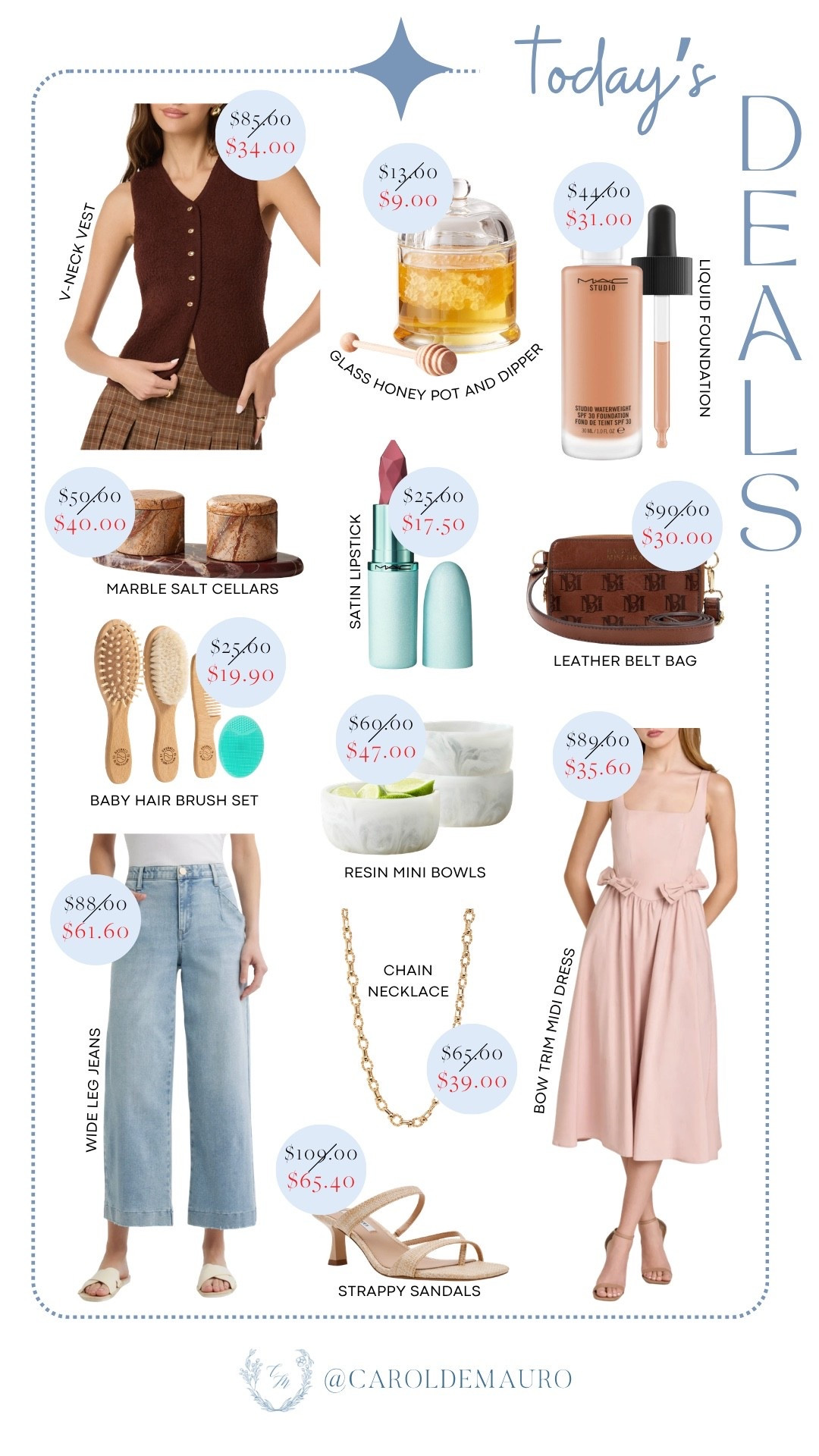 POV: You just woke up to major discounts. From chic stylish pieces to gorgeous home accents, here are today's best finds — shop them before they're gone! Score the stunning pink bow-trim midi dress, wide-leg jeans, V-neck vest, and leather belt bag, plus home accents like the marble salt cellars, glass honey pot and dipper, and classic satin lipstick.

todays deals, wardrobe refresh, casual outfit, summer dresses, kitchen finds, makeup lover, fashion accessories, hair brush set

#LTKootd #LTKBeauty #LTKHome