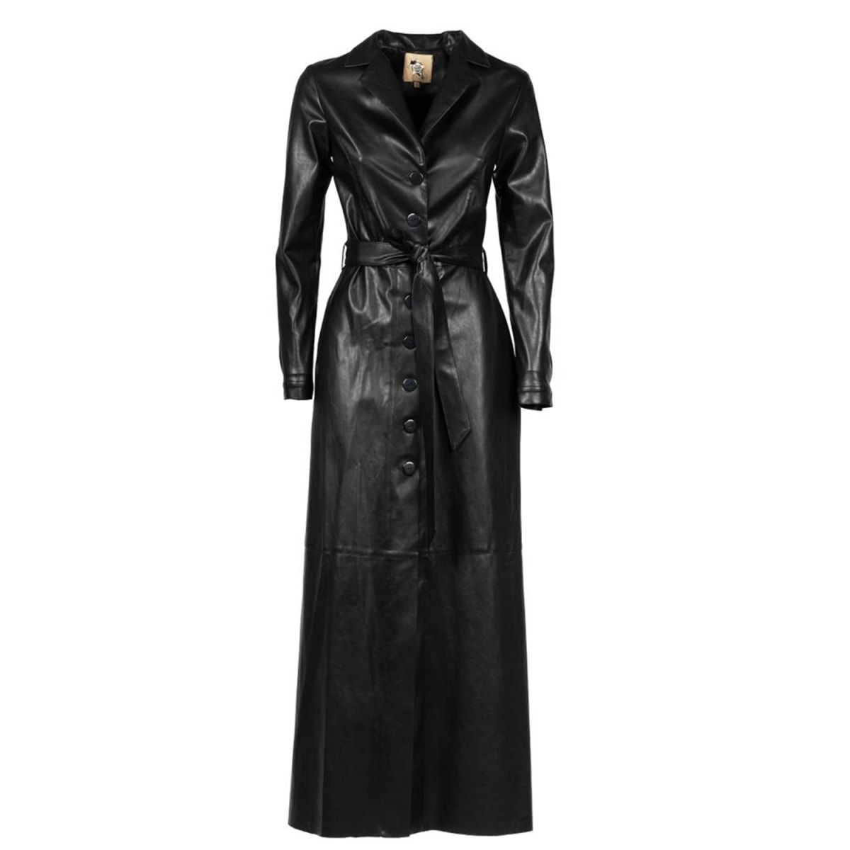 Black Long Button-Up Eco-Leather Trench | Wolf & Badger (US)