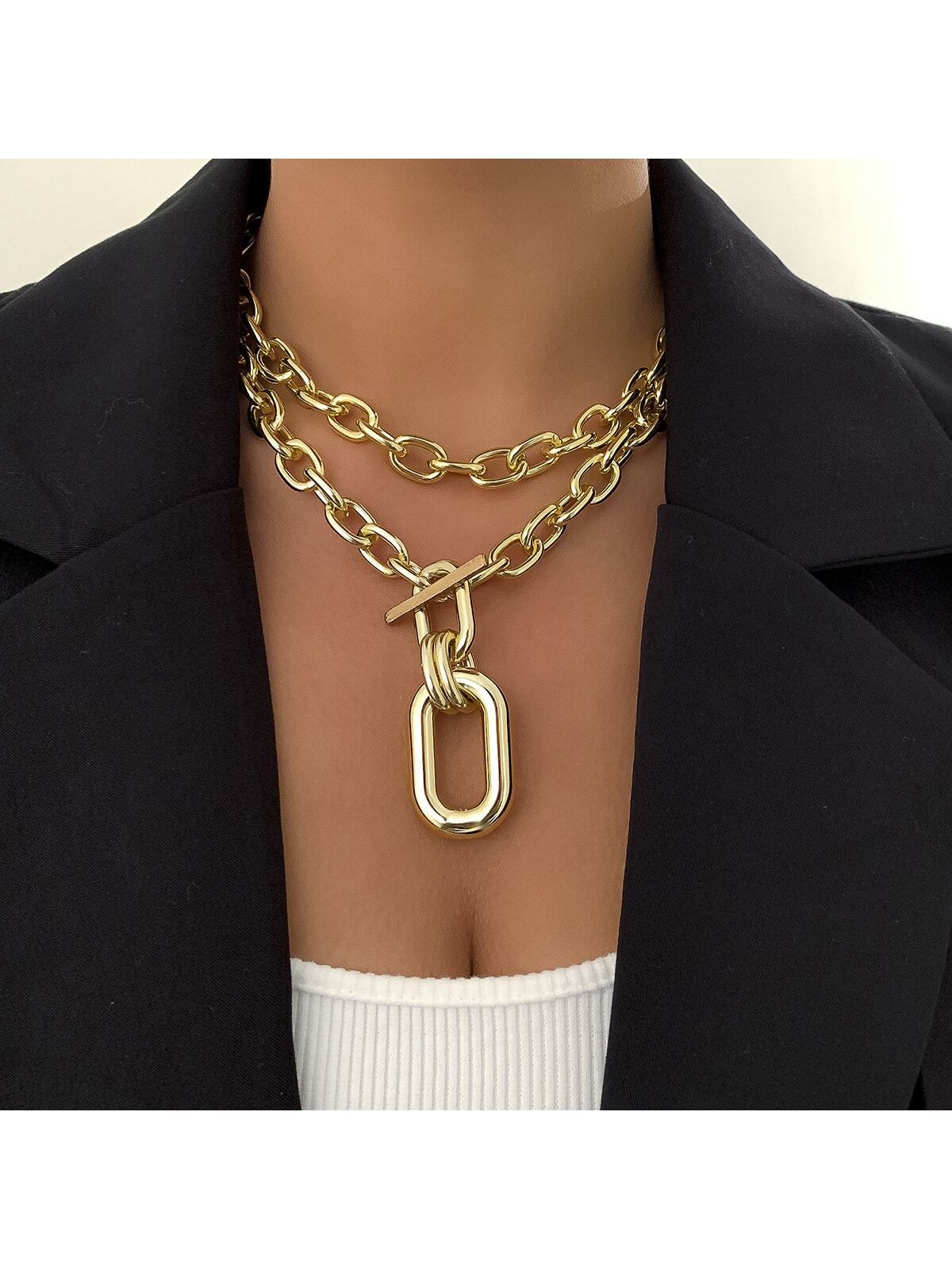 2pcs/set Personality Style Exaggerated Double Layered Chunky Chain Necklace With Lobster Clasp Fo... | SHEIN