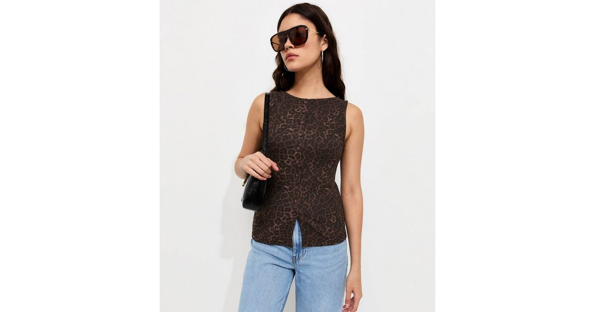 Women's Brown Cotton Rich Leopard Print Button Front Ribbed Tank Top New Look | New Look (UK)