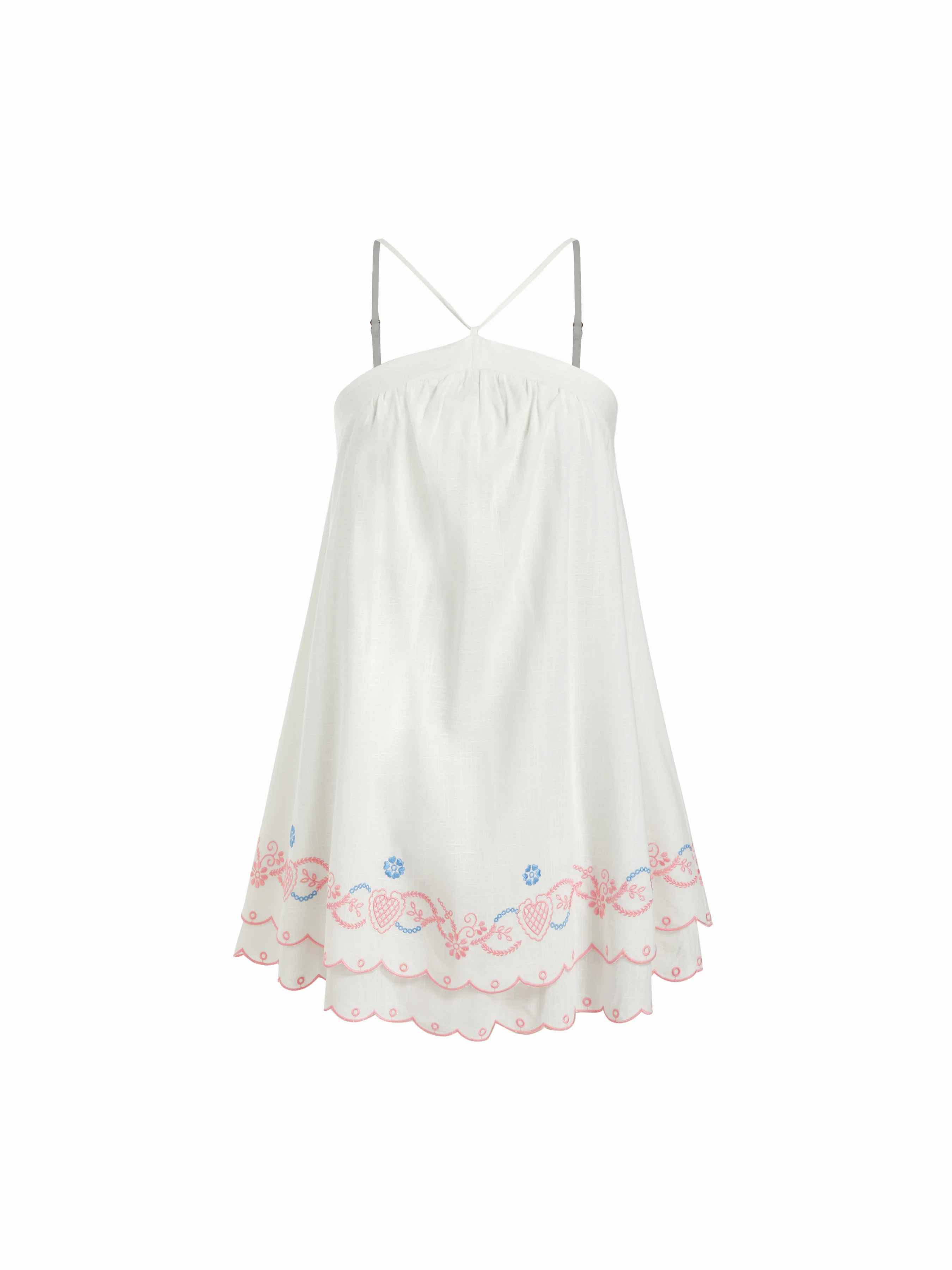Linen-blend Halter Neckline Fruit Embroidery Scalloped Hem Oversized A-line Mini Dress | Cider