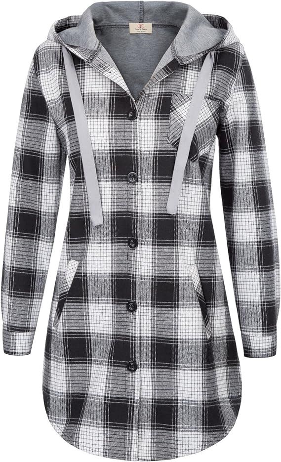 Women Flannel Plaid Button Down Top with Pockets Long Sleeve Hooded Jacket | Amazon (US)
