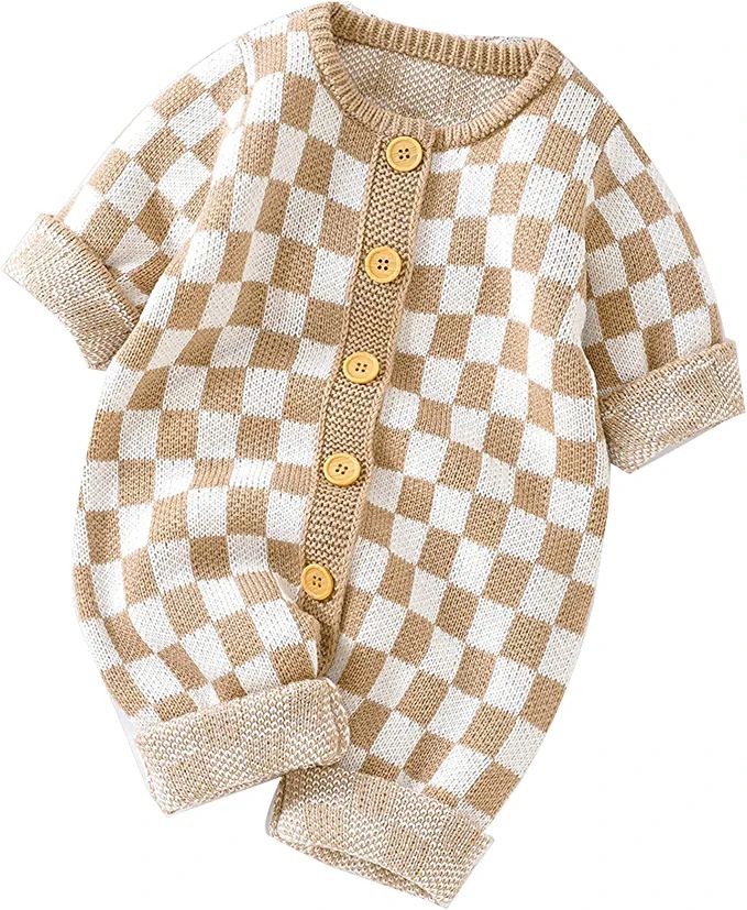 Unisex Baby Girl Boy Knitted Romper Jumpsuit Checkerboard Plaid One Piece Button Down Sweater Pla... | Amazon (US)