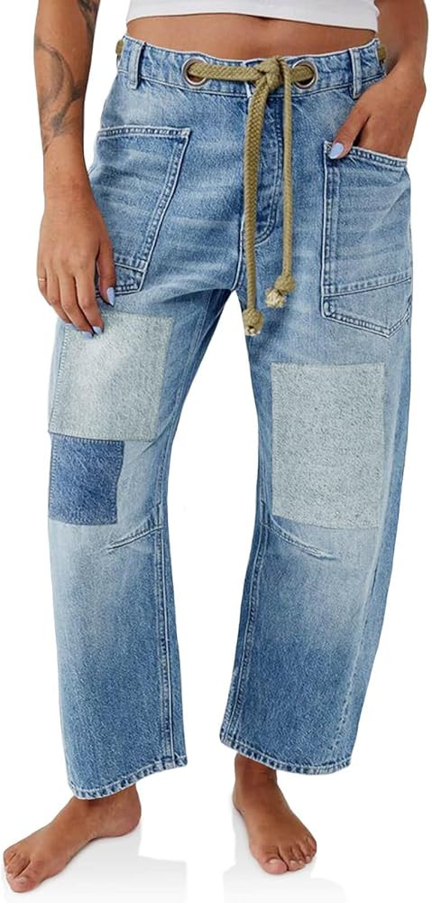 PLNOTME Womens Baggy Barrel Horseshoe Jeans Wide Leg Patchwork Low Rise Denim Pants with Pockets | Amazon (US)