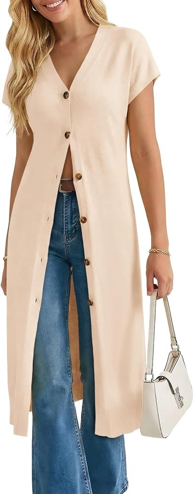 Saodimallsu Womens Long Cardigans Lightweight Short Sleeve Button V Neck Loose Knit Casual Summer... | Amazon (US)