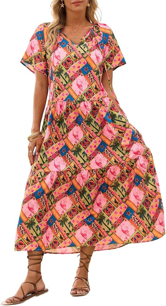 Yousify Womens 2026 Summer Maxi Dresses Short Sleeve Boho Beach Shirt Dresses Loose Vacation Outf... | Amazon (US)