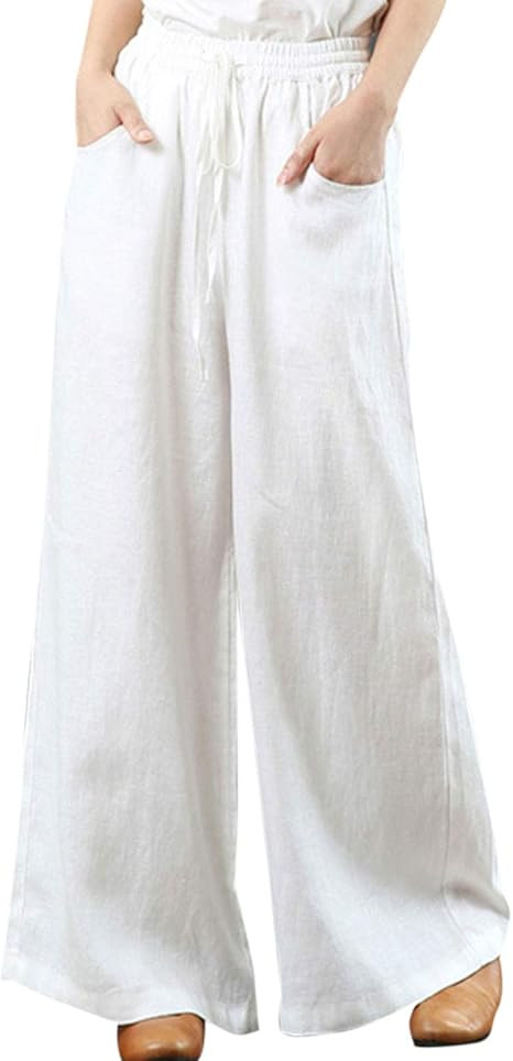 Women's Cotton Linen Wide Leg Pants Casual Drawstring Lounge Palazzo Loose Trousers | Amazon (US)