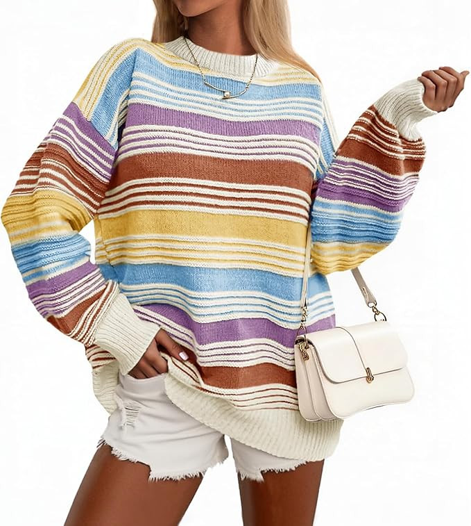 Saodimallsu Womens Striped Sweater Color Block Crew Neck Long Sleeve Fall Colorful Rainbow Knit L... | Amazon (US)