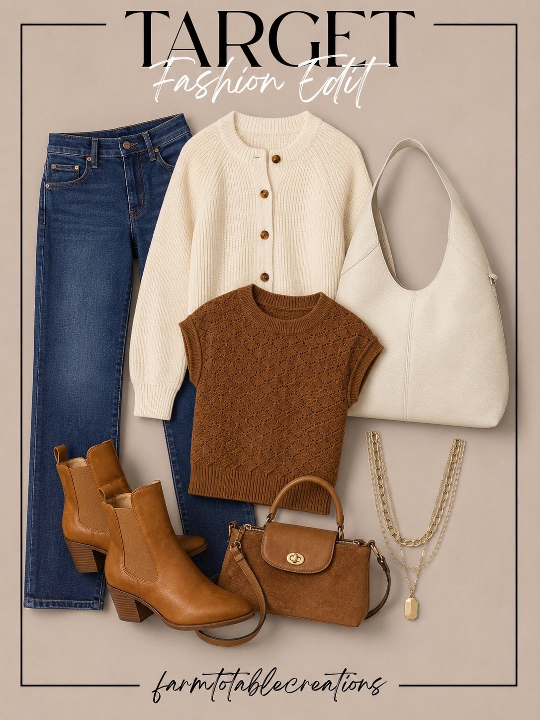 Target Fall Fashion Edit 🤎🍂

Target is bringing all the cozy fall wardrobe staples! Classic denim, creamy knits, rich cognac accessories and easy layering pieces make these finds perfect for creating effortless outfits all season long.

Follow @farmtotablecreations on Instagram for more cozy home finds and trending decor.

I love how easily these pieces can be mixed and matched—layer the sweater vest over a tee, pair the cardigan with denim, or add the cognac boots and gold jewelry to instantly dress up the basics. Affordable, wearable and perfect for that warm neutral fall aesthetic.

#LTKStyle #TargetStyle #TargetFinds #TargetFashion #TargetFashionFinds #FallFashion #FallOutfits #FallStyle #AffordableFashion #CasualStyle #NeutralStyle #CozyStyle #EverydayOutfit #FallWardrobe #LTKFinds

#LTKHome #LTKSeasonal #LTKOver40