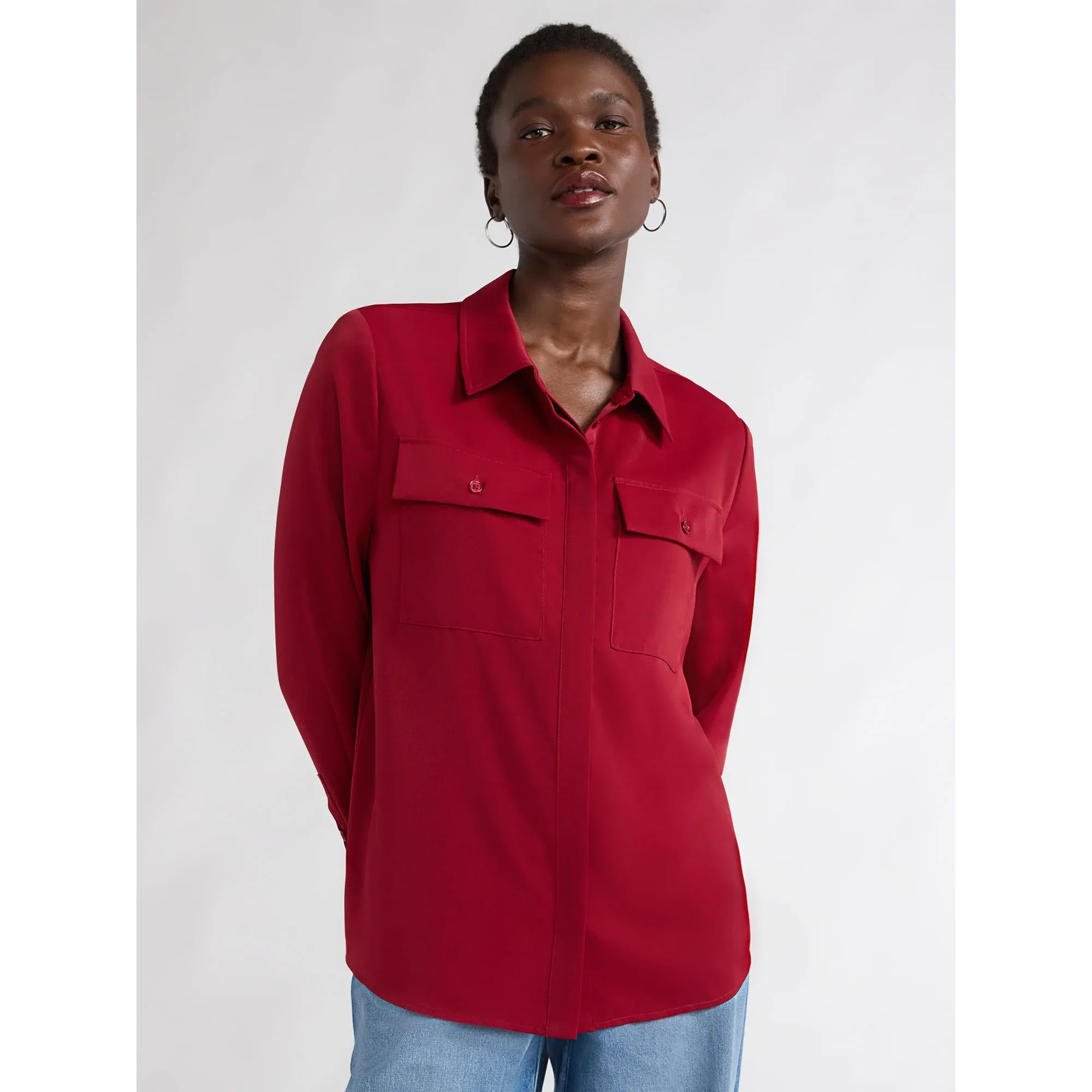 Scoop Women's Ultimate Button Down Blouse with Two Pockets, Sizes XS-XXL | Walmart (US)