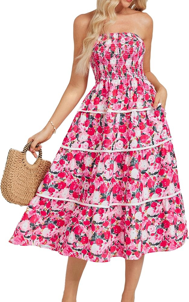GRACE KARIN 2025 Women's Summer Floral Dress Strapless Smocked Tube Dress Boho Beach A-Line Midi ... | Amazon (US)