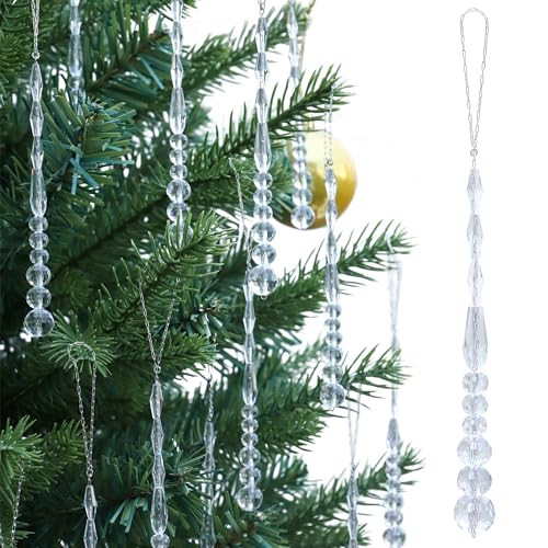 LUMITI 12pcs Crystal Icicle Christmas Tree Ornaments, Glass Beads Hanging Chandelier Pendants for Christmas Party Wedding Winter Decorations (White Clear) | Amazon (US)