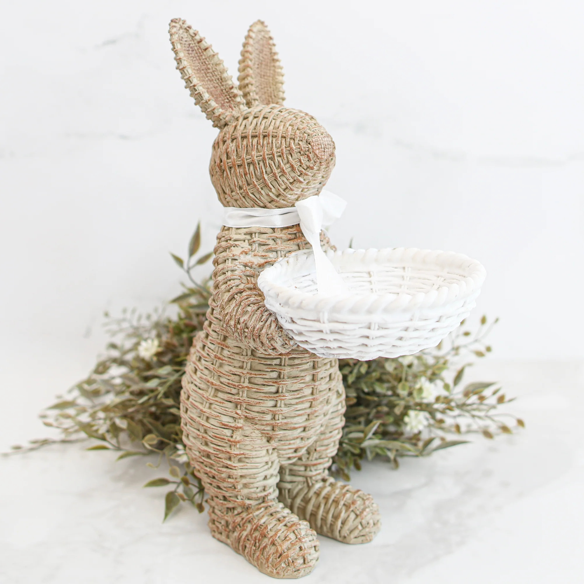 Brown Woven Resin Bunny with Basket | Interior Delights