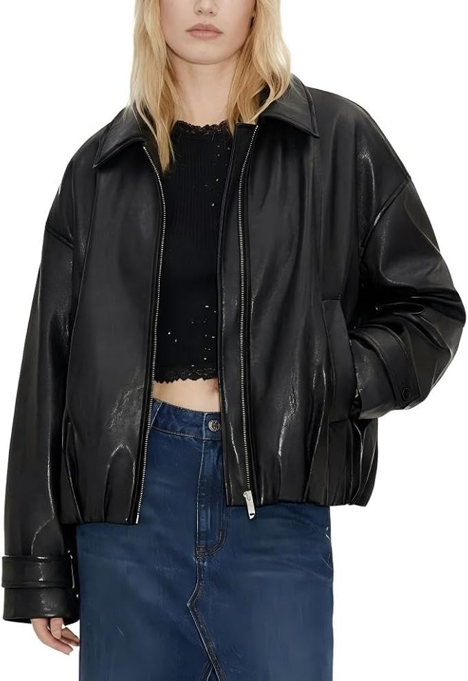 Oversized Faux Leather Bomber Jacket for Women – Zip-Up Aviator Flight Coat, Relaxed Fit Street... | Amazon (US)