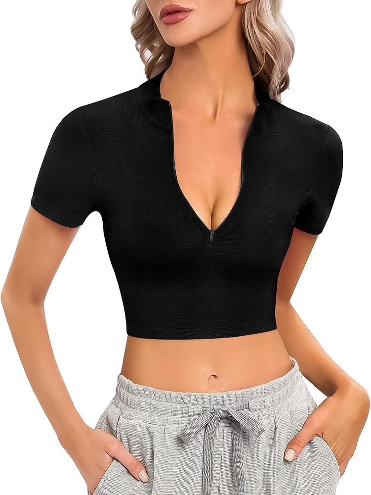 CLOZOZ Long Sleeve Crop Tops for Women Mock Turtleneck Zip Up Sexy Fitted Cropped Shirts Trendy | Amazon (US)