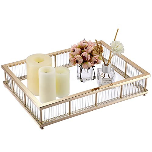 Hipiwe Glass Vanity Tray Vintage Makeup Tray with Acrylic Column Ornate Gold Perfume Tray Jewelry... | Amazon (US)