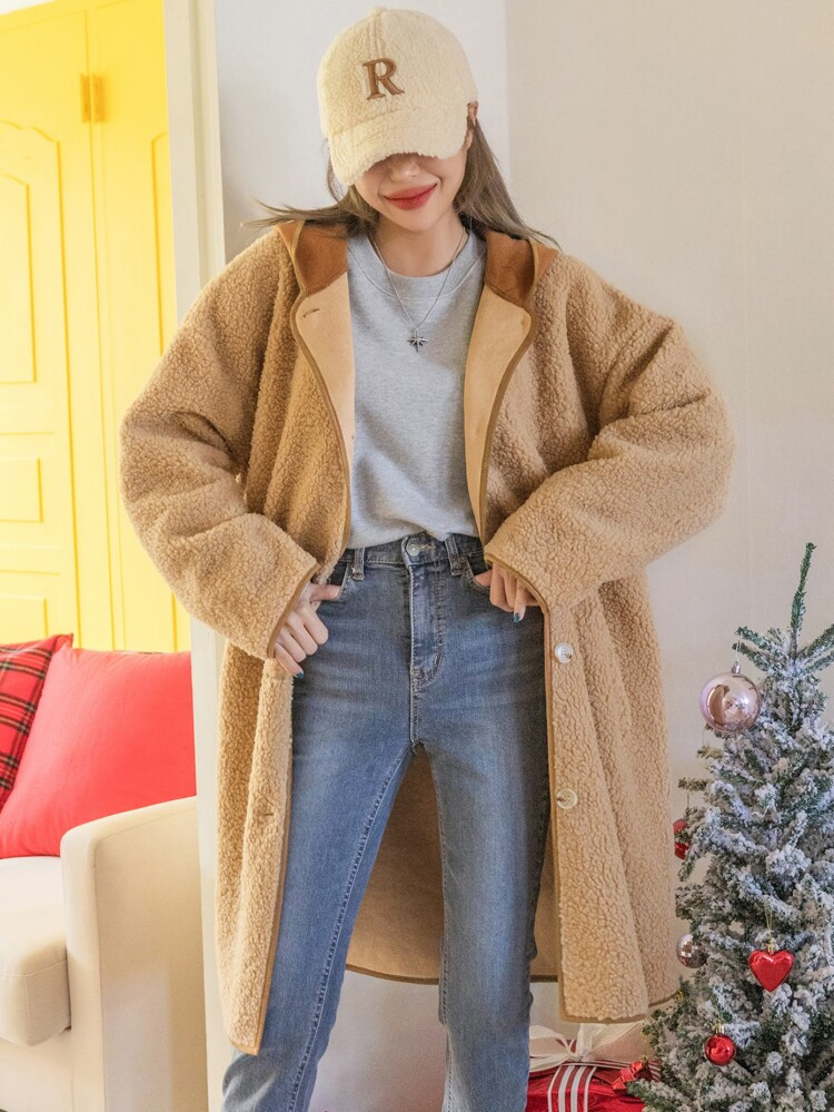 DAZY Slant Pocket Hooded Teddy Coat | SHEIN