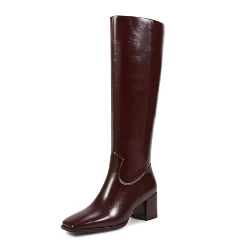 wetkiss Knee High Boots Women Burgundy Boots for Chunky Heel GoGo Tall Long Block Heel Square Toe Leather Boot | Amazon (US)