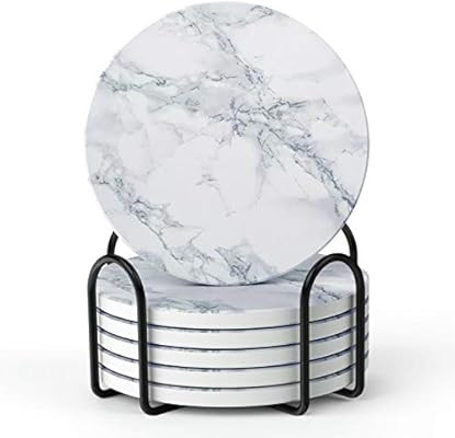 LIFVER Coasters for Drinks, White Marble-Style Absorbent Coasters with Holder, Housewarming Gifts... | Amazon (US)